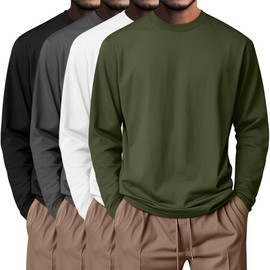 Neer 4 Pack Mens Big and Tall Shirts, 95% Cotton Long Sleeve Crewneck Casual Tops Plus Size Basic Tee Shirts Multipack(Black, Dark Gray, White, Army Green,X-Large)