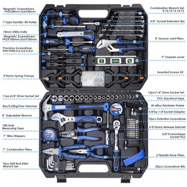 URASISTO 168-Piece Socket Wrench Auto Repair Tool Combination Package Mixed Tool Set Hand Tool Kit with Plastic Toolbox Storage Case