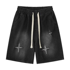 POHADON Y2K Blue Denim Shorts Summer Casual Loose Straight Leg Unisex Baggy Jeans Shorts Jorts Grunge Harajuku Streetwear (Black,S)