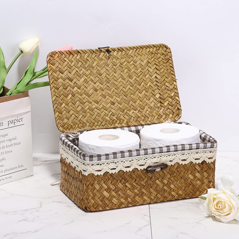 TOLIDA Wicker Storage Basket with Lid Decorative Baskets Living Room
