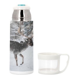 Stainless Steel Thermos Flask with Integrated Cup - Reindeer Profile Under the Snow Wild Life in Winter North Cold - 350ml - Thermos Flask