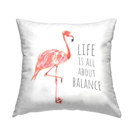 Stupell Industries Life is About Balance Motivational Phrase Pink Flamingo Design by Reesa Qualia Pillow, 18 x 18, White
