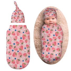 Qiohoey Cute Pink Strawberry Newborn Baby Swaddle Blanket With Beanie Hat Baby Receiving Blanket Gifts For Boys Girls Infant