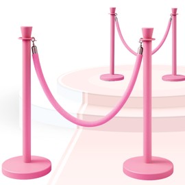 Velvet Pink Stanchion Set – 4 Stanchion Posts and 2 Pink Ropes Crowd Control Rope Safety Barriers Kit for Events Weddings Red Carpet Poles Ropes Set