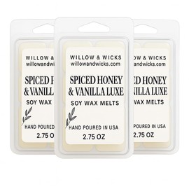 Willow & Wicks Spiced Honey & Vanilla Luxe – 3 Pack Soy Wax Melts | Warm Tonka Bean, Rich Vanilla & Sweet Amber | Strong Scented Wax Melts | Hand Poured Clamshell Bundle