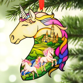 Unicorn Christmas Ornament – 2-Layer Wood & Acrylic Rainbow Unicorn Ornament for Girls – Laser-Cut Unicorn Ornament for Christmas Tree – Festive Gifts for Unicorn Lovers – 2024 Holiday Home Decor