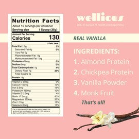 wellious Almond Protein Powder (Vanilla) - 18 Grams of Pure Healthiest Vegan Protein for Women & Men - Perfect Gluten-Free, Soy-Free & Smooth Gut Friendly Protein Powder for Sports Nutrition