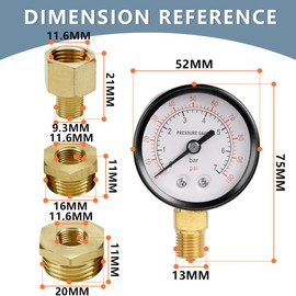 Innfeeltech 1-Pcs 50 mm Well Pump Pressure Gauge BSP 1/4 Inch 0-7 Bar 0 ~ 100 Psi with 2 Pieces Socket 1/4 Inch to 3/8 Inch, 1/4 Inch to 1/2 Inch and 1 Piece Hex Nipple Reducing 1/4 Inch to 1/8 Inch,