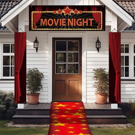 Movie Night Porch Banner Decorations LED Movie Theme Party Hanging Banner Red Carpet Runners Entryway Decoration Welcome Now Showing Sign for Movie Theater Photography Background Party Supplies