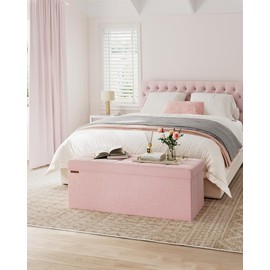 SONGMICS Storage Ottoman Bench, Foldable Ottoman Foot Rest, 15 x 43 x 15 Inches, End of Bed Bench, Storage Chest, Load up to 660 lb, for Living Room, Bedroom, Entryway, Jelly Pink ULSF277R01