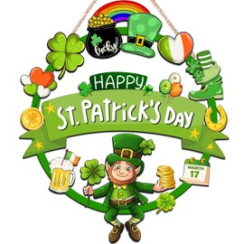 St. Patrick's Day Decorations Wooden St. Patrick's Door Wreath for Front Door Welcome Sign, Cute Happy St. Patrick's Day Decor Hanging Sign Outdoor Indoor Shamrock Clover Spring Wall Home Decor