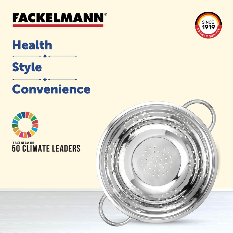 Fackelmann Abseihschüssel, Küchensieb aus Edelstahl, Nudelsieb mit Griffen (Farbe: Silber),