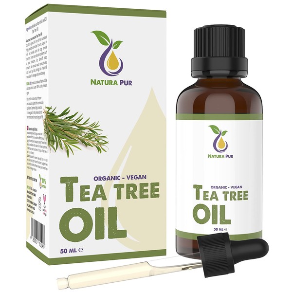 ORGANIC Tea Tree Oil 50ml with pipette, vegan – 100% pure tea tree essential oil from Australia – Treatment for blemished skin, inflammatory skin conditions, anti-pimples and acne