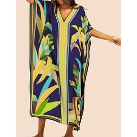 Bsubseach Women's Casual Beach Kaftan Dress Short Sleeve Loungewear Caftan Beach Dress, C-royal blue, One size fits all
