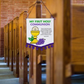 Needzo My First Communion Banner Kit Arts and Crafts for Sunday School, Christian Color Your Own Banners, Hanging Pew Decorations for Church, Pack of 12