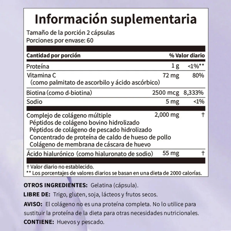 Colageno Hidrolizado Acido Hialuronico 120 Cápsulas Sabor