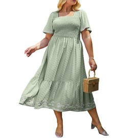 Glamaker Women's Plus Size Summer Casual Short Sleeve Smocked Square Neck A Line Flowy Midi Dress Long Dress Green 3XL