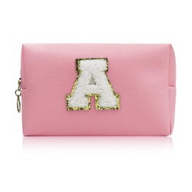 FuninCrea Travel Makeup Bag PU Leather Toiletry Bag Cosmetic Bags Waterproof Make Up Bag Portable Makeup Organiser Bag with Zipper for Storing Toiletries, Cosmetics, Makeup Tools (Pink-A)