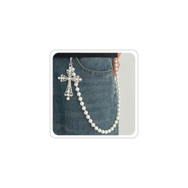 Pants Chain for Men Wallet Chains Punk Cross Jean Chain Belt Pocket Chains Pearl Goth Pant Hip Hop Jewelry B-White