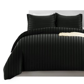 Imperial Rooms Duvet Cover Sets – Stripes Satin Quilt Cover Bedding Sets with Pillowcase, Reversible Ultra Soft Hypoallergenic Microfiber Bed Covers (Black, Single)