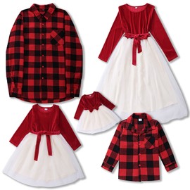 Family Matching Christmas Outfits Red Plaid Parent-Child Lace Skirt Xmas Photography Matching Dress Costume for Women Men Kid