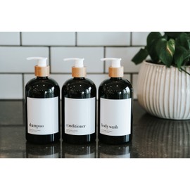 Bamboo Shampoo and Conditioner Dispenser Bottles, Black Plastic Shampoo Bottles with Pump, Set of 3 Shampoo Conditioner Body Wash 16 oz Bottles