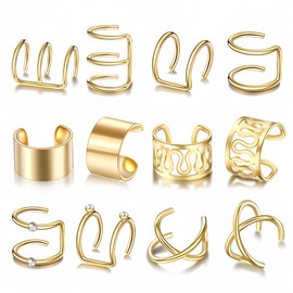 WJRQD 12 Pieces Ear Cuff Set Women's Adjustable Ear Clips Women's Without Ear Holes Cartilage Ear Cuff Without Ear Hole Fake Piercing Earrings Earcuffs Set Ear Jewellery Ear Cuff Gold, Metal