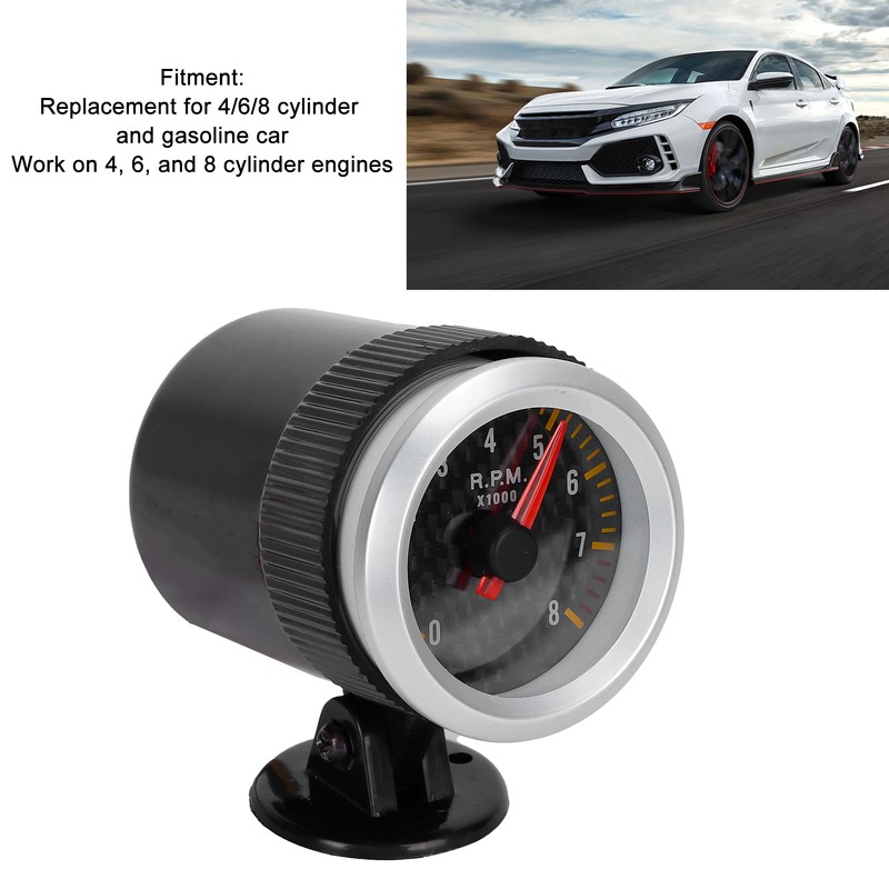 Tachometer 52mm/2.05in 0‑8000 RPM Carbon Fiber Panel Pointer 12V Universal
