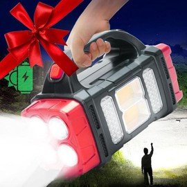Solar Powered Handheld Flashlight, 8 Modes Spotlight with Usb Cable, Rechargeable Portable Led Searchlight for Outdoor Hunting Boating Camping Emergencies, Lamp, Christmas Gift - Color: Red, Specification: one size