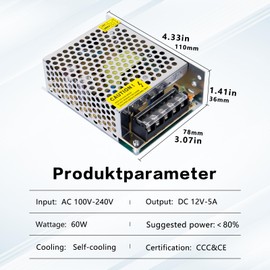 SCOOYUCK AC 110V/220V to DC 12V 5A 60W Universal Regulated Switching Power Supply, Power Supply Voltage Converter, LED Adapter Driver for CCTV, Radio, Camera, LED Strip Lights, 3D Printers and More.