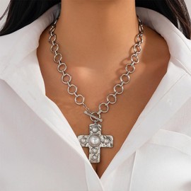 Chunky Pearl Cross Pendant Necklace,Aesthetic Plated Gold Crucifix Pearl Statement Choker,Trendy Adjustable Cross OT Clasp Necklace for Women (Silver1)