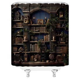 WANVYON Bookshelf Shower Curtain Vintage Medieval Bookcase Spooky Gothic Dark Academia Library Bathroom Decor Polyester Curtains with Hooks