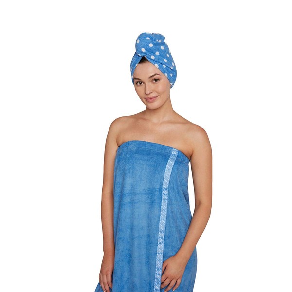 Turbie Twist Cotton Hair Towel & Bath Wrap Combo Pack (Blue Polka Dot)