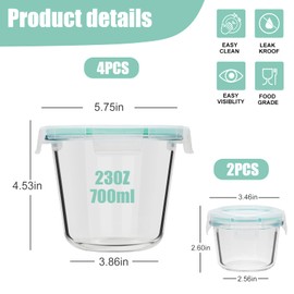 Encheng 4 Pack Glass Soup Containers with Lids,3 Cup Round Glass Meal Prep Container for Leftovers, Reusable Glass Food Storage Containers for Microwave, Dishwasher – Bonus 4oz Small Container