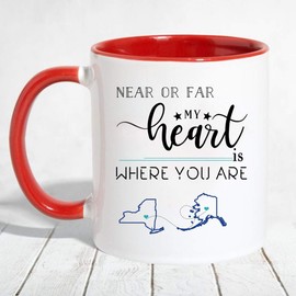 Mother Day, Father Day Gift Distance Mug - Near Or Far My Heart Is Where You Are - Long Distance Mug State Map (NY AK) New York Alaska - Accent Mug 11 OZ (Red)