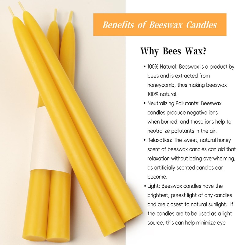 16 Packs Beeswax Taper Candles 9 Inch, All Natural Beeswax