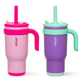 VINUR Insulated Tumbler with Handle 17 oz Stainless Steel Double Wall Vacuum Tumbler Travel Water Cup with Lid and Straw(Purple Pink-Purple)