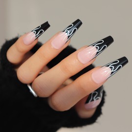 BABALAL Long Press on Nails Coffin Fake Nails Black French Tip Glue on Nails Glossy Acrylic Nails Falme Design Ballerina False Nails for Women and Girls