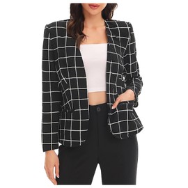 Milumia Women Plaid Business Casual Blazer Jacket Long Sleeve Open Front Elegant Dressy Suit Blazer Black X-Large