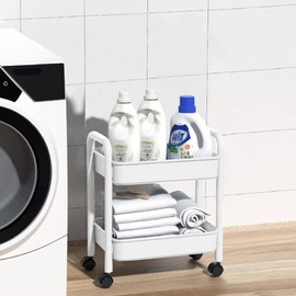 Melody House 2-Tier Utility Rolling Cart Storage Organizer Sofa Side Table with Wheels, Under Desk Mobile Trolley Organizer with Handle for Office Home Kitchen Organization, White