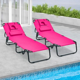 Tangkula Beach Lounge Chair, Folding Sunbathing Recliner with Face Hole, Face Down Tanning Chair with 5-Level Adjustable Backrest & 3 Removable Pillows, Chaise Lounge Chair for Patio (2, Pink)