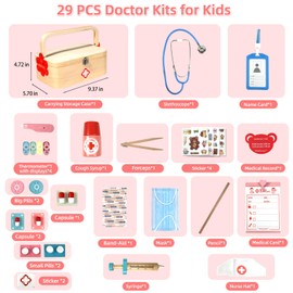 Kids Wooden Doctor Play Set, 20 Piece Medical Kit with Storage Box, Educational Pretend Play Toys