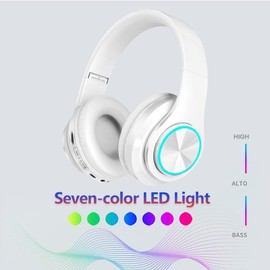 LFGKeng Wireless Bluetooth Headphones with Colorful LED Lights, Built-in Mic, Light Weight, Foldable, Wired HiFi Stereo Headphones for Classroom/Home Office/PC/Mobile Phone/Kids Adult (White)