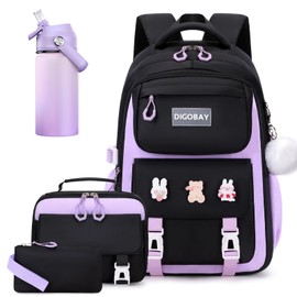 DIGOBAY 7PCS School Backpack for Girls Set with 14oz Kids Insulated Water Bottle, Kids Girls Backpack for with Lunch Bag Pencil Case for Girl Kindergarten Elementary Middle School Blackpurple
