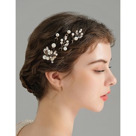 Teyglen Silver Pearl Crystal Wedding Hair Pins Handmade Rhinestone Hair Piece Bridal Hair Pins Clips for Bride Pearl Headpiece for Women Party Prom Hair Accessory (Silver)