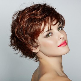 AUBWIG Short Reddish Brown Wig Short Pixie Cut Wigs Short Curly Wavy Women's Wigs Soft Shaggy Synthetic Wigs Daily Hair (Reddish Brown)