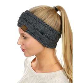 C.C Soft Stretch Winter Warm Cable Knit Fuzzy Lined Ear Warmer Headband, Dark Melange Gray