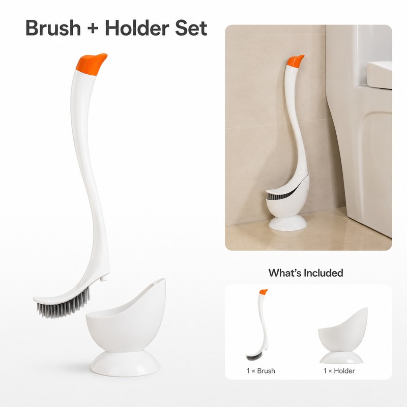 Swan Toilet Brush Set for Bathroom - Long Handle Dense