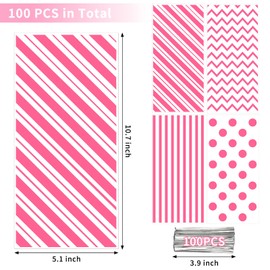 Ohuimrt 100 PCS Pink Cellophane Treat Bags, Clear Goodie Bags Party Favor Bags Plastic Gift Bags with Ties for Candies, Cookies, Snacks, Birthdays, Wedding