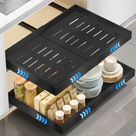 Telescopic Drawer for Gluing, Pack of 2 Extendable Kitchen Drawers, (43 cm Depth) Kitchen Drawer Organiser with 3 Rail System, Slide Out Drawer, No Drilling and Nailing Required, Black
